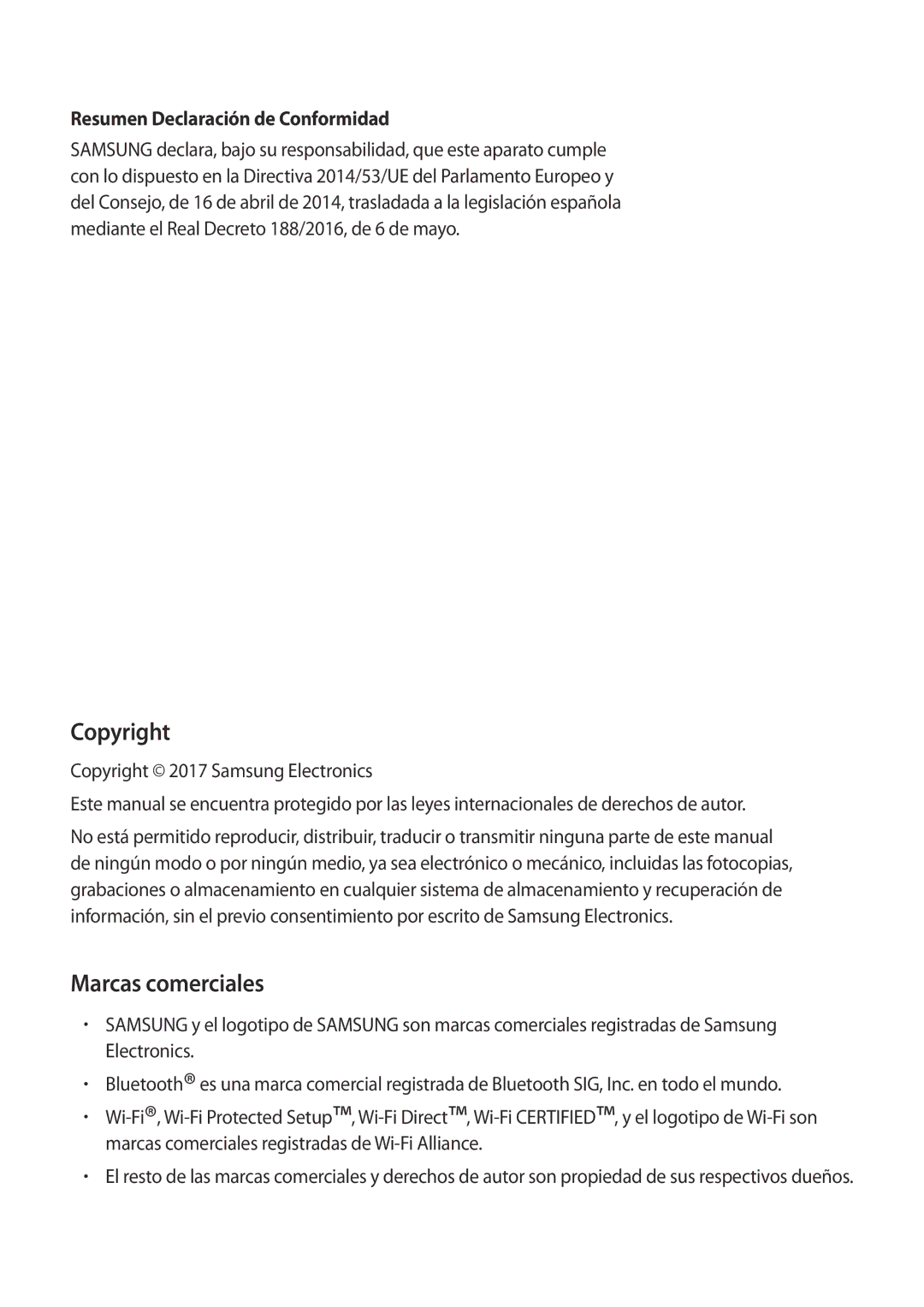 Samsung SM-R210NZWAPHE manual Copyright, Marcas comerciales, Resumen Declaración de Conformidad 