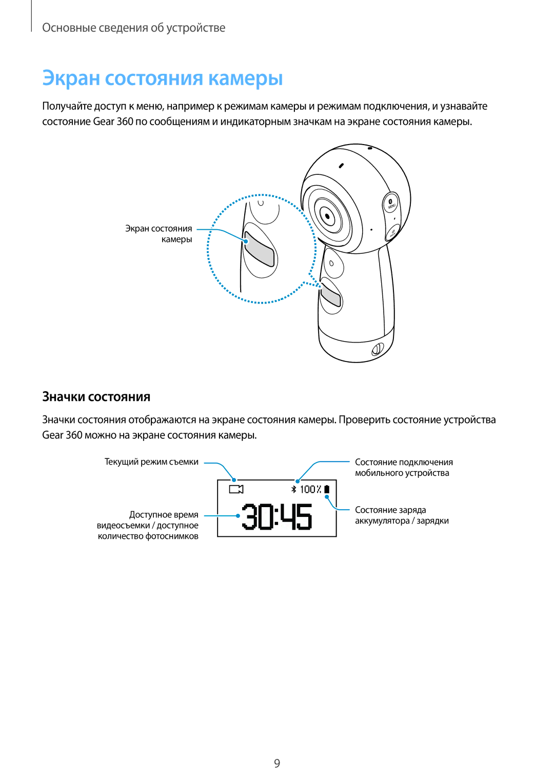 Samsung SM-R210NZWASER manual Экран состояния камеры, Значки состояния 