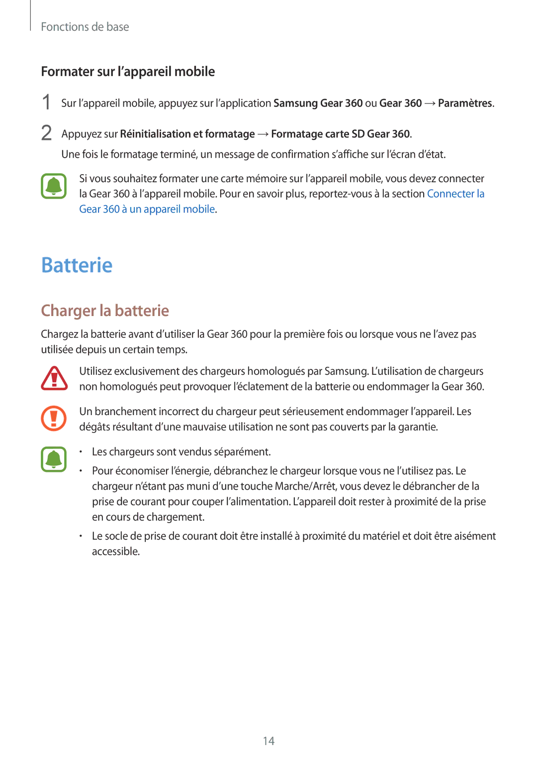 Samsung SM-R210NZWAXEF manual Batterie, Charger la batterie, Formater sur l’appareil mobile 