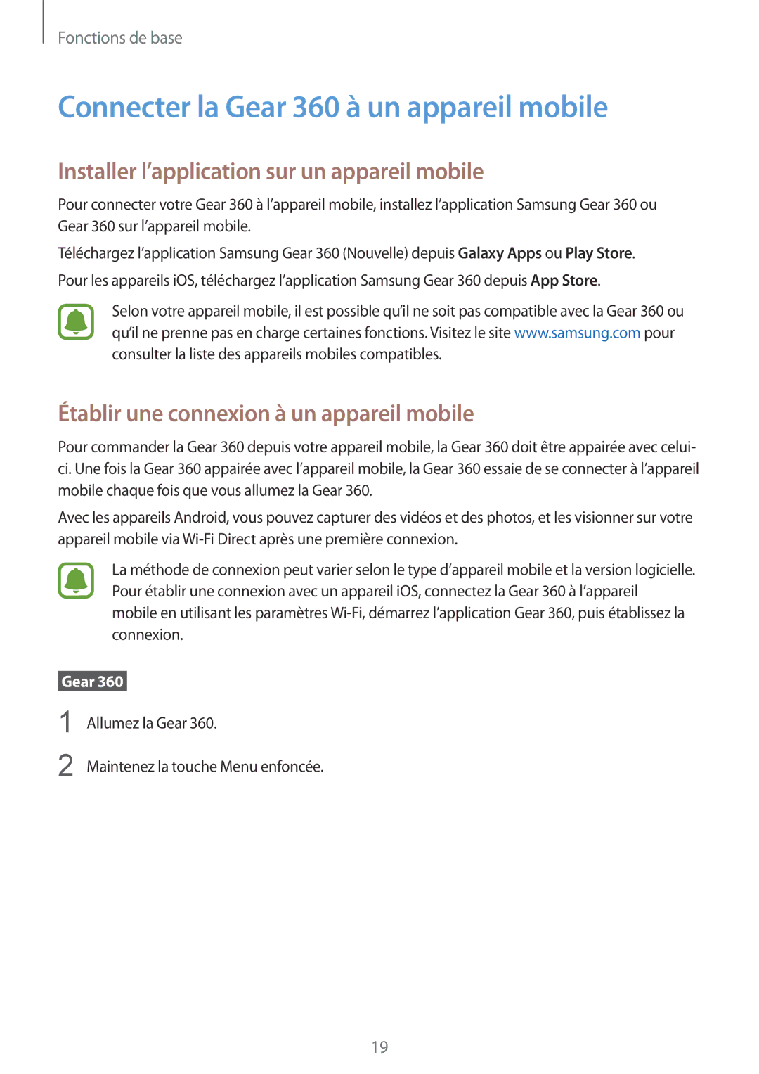 Samsung SM-R210NZWAXEF manual Connecter la Gear 360 à un appareil mobile, Installer l’application sur un appareil mobile 