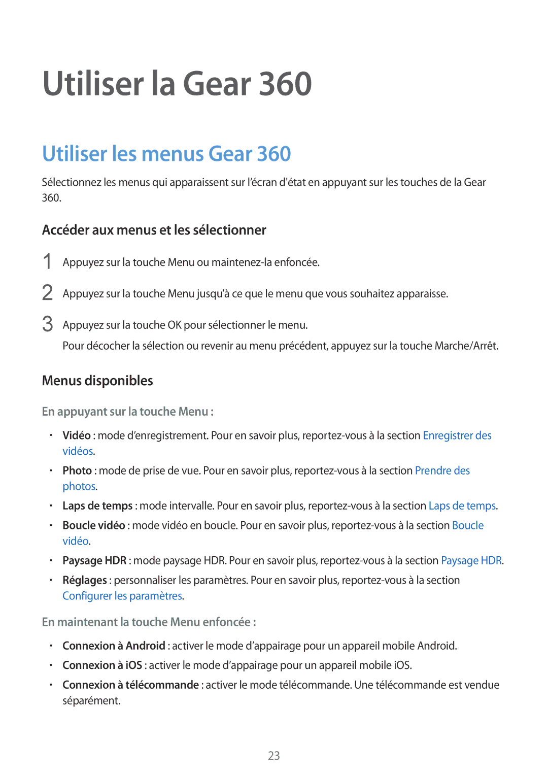 Samsung SM-R210NZWAXEF manual Utiliser les menus Gear, Accéder aux menus et les sélectionner, Menus disponibles 