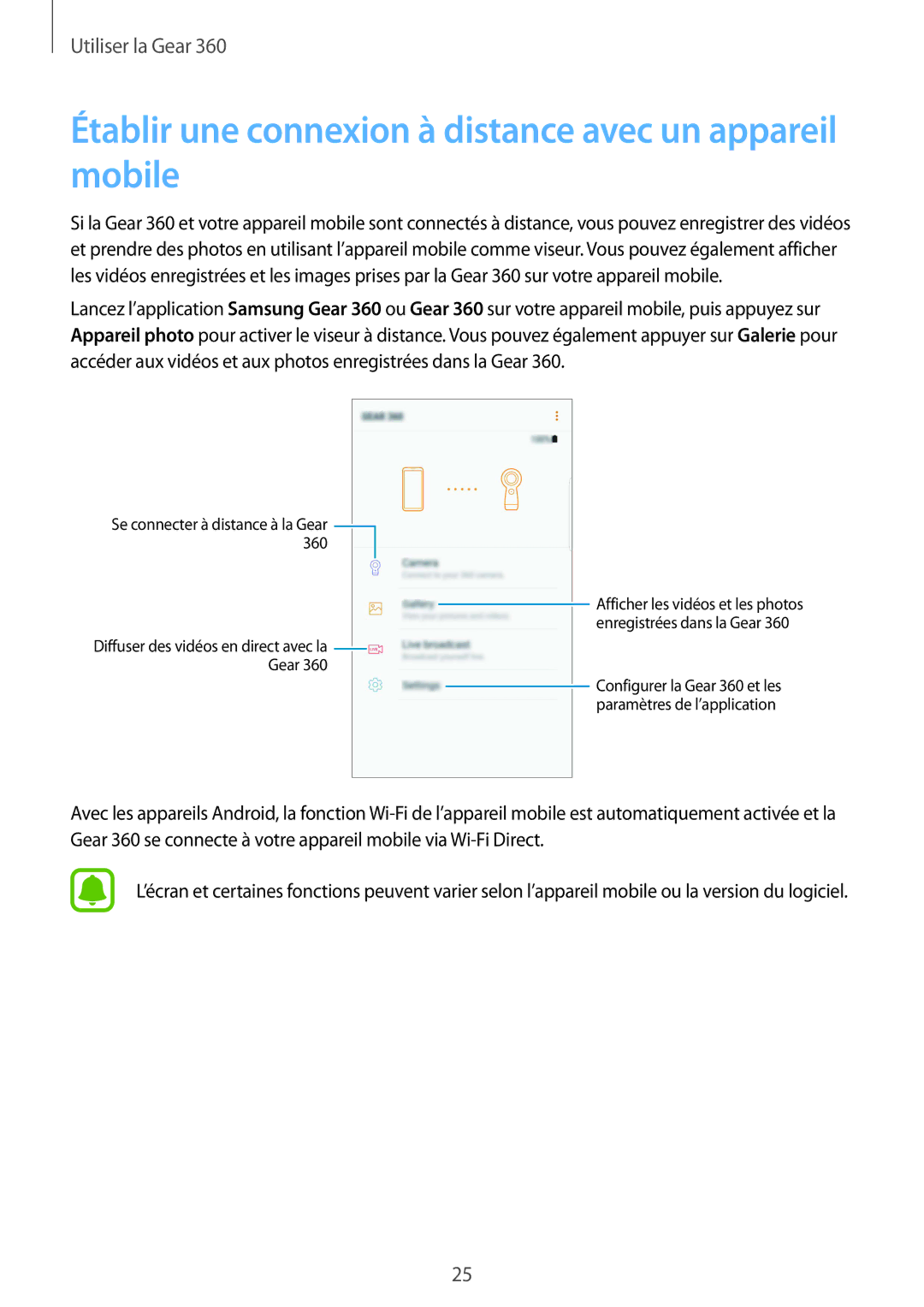 Samsung SM-R210NZWAXEF manual Établir une connexion à distance avec un appareil mobile, Se connecter à distance à la Gear 