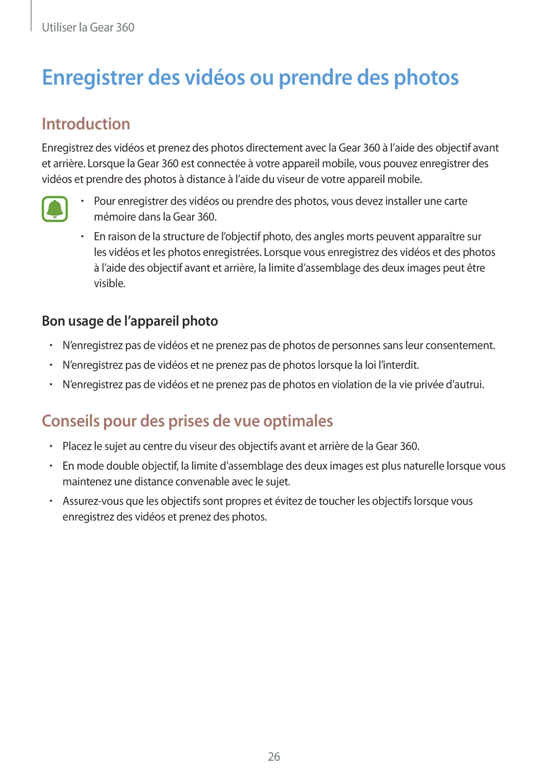 Samsung SM-R210NZWAXEF manual Enregistrer des vidéos ou prendre des photos, Introduction, Bon usage de l’appareil photo 