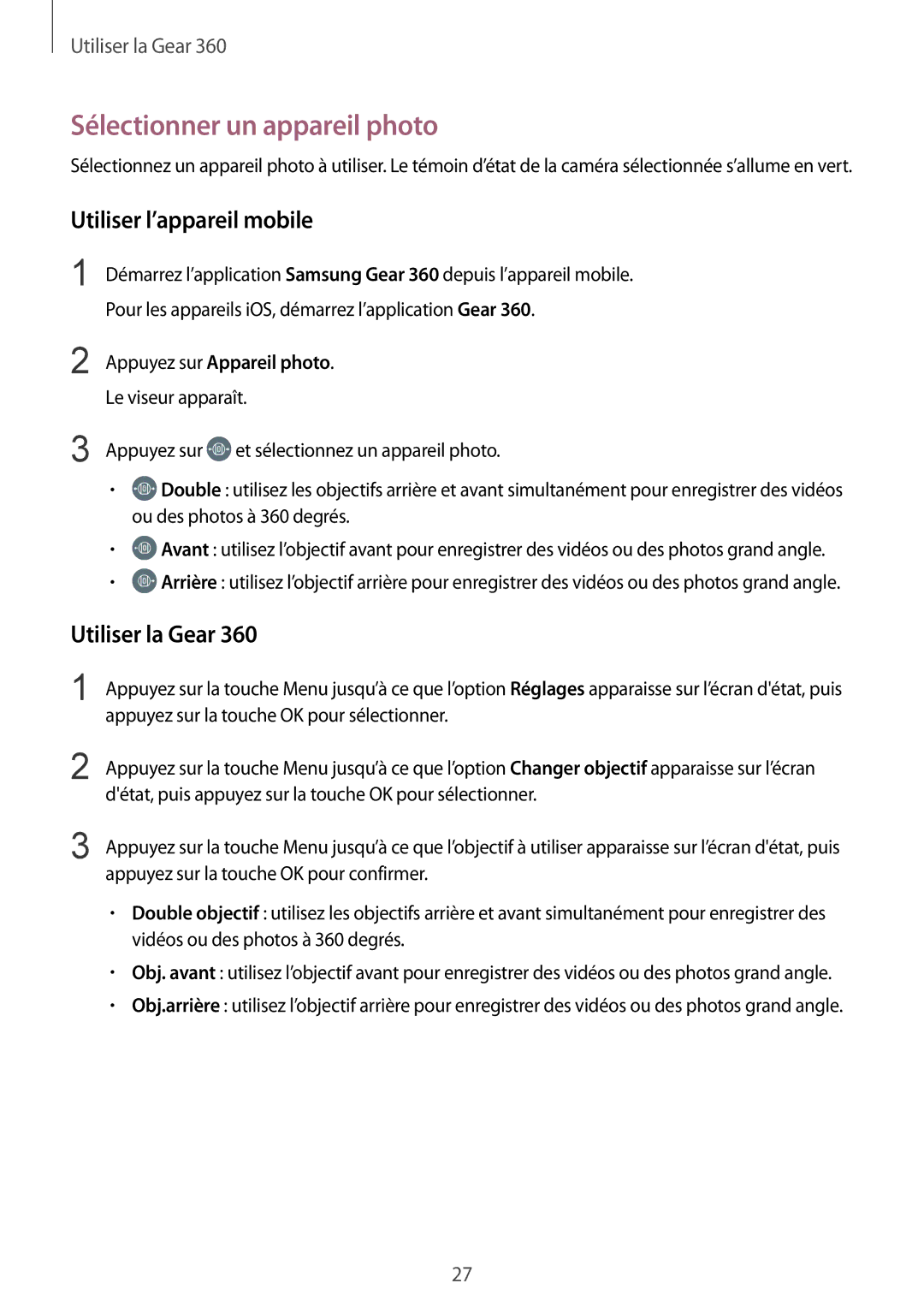 Samsung SM-R210NZWAXEF manual Sélectionner un appareil photo, Utiliser l’appareil mobile, Utiliser la Gear 