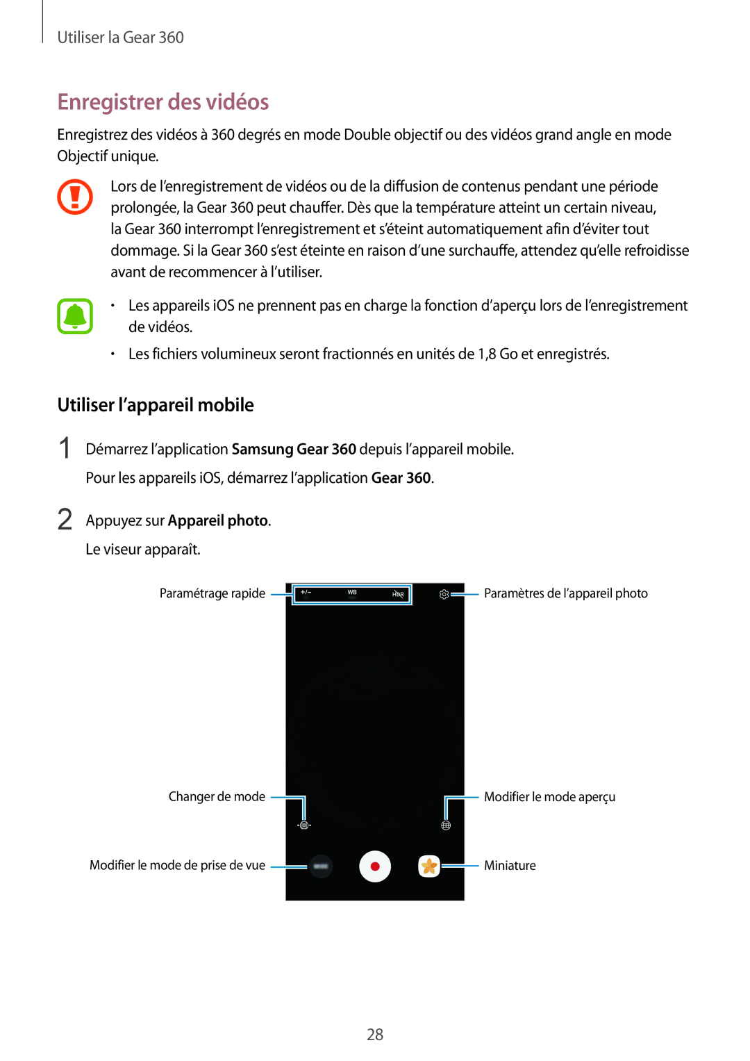 Samsung SM-R210NZWAXEF manual Enregistrer des vidéos, Appuyez sur Appareil photo. Le viseur apparaît 