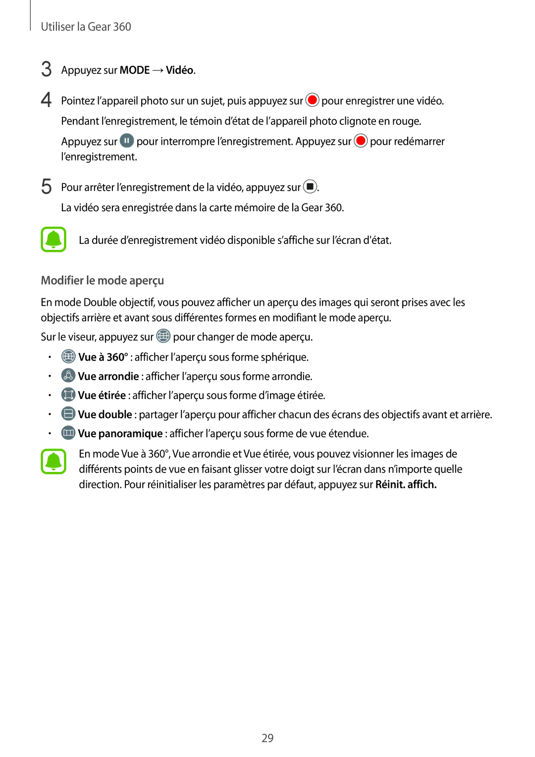 Samsung SM-R210NZWAXEF manual Modifier le mode aperçu 