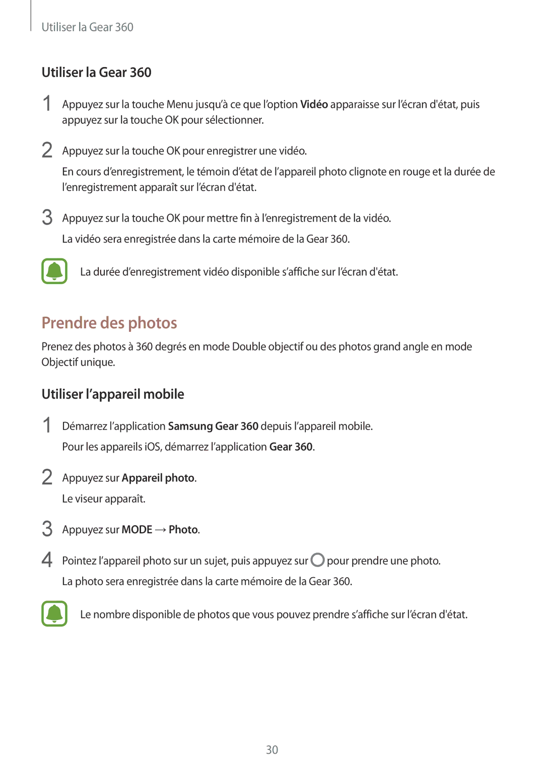 Samsung SM-R210NZWAXEF manual Prendre des photos, Appuyez sur la touche OK pour enregistrer une vidéo 