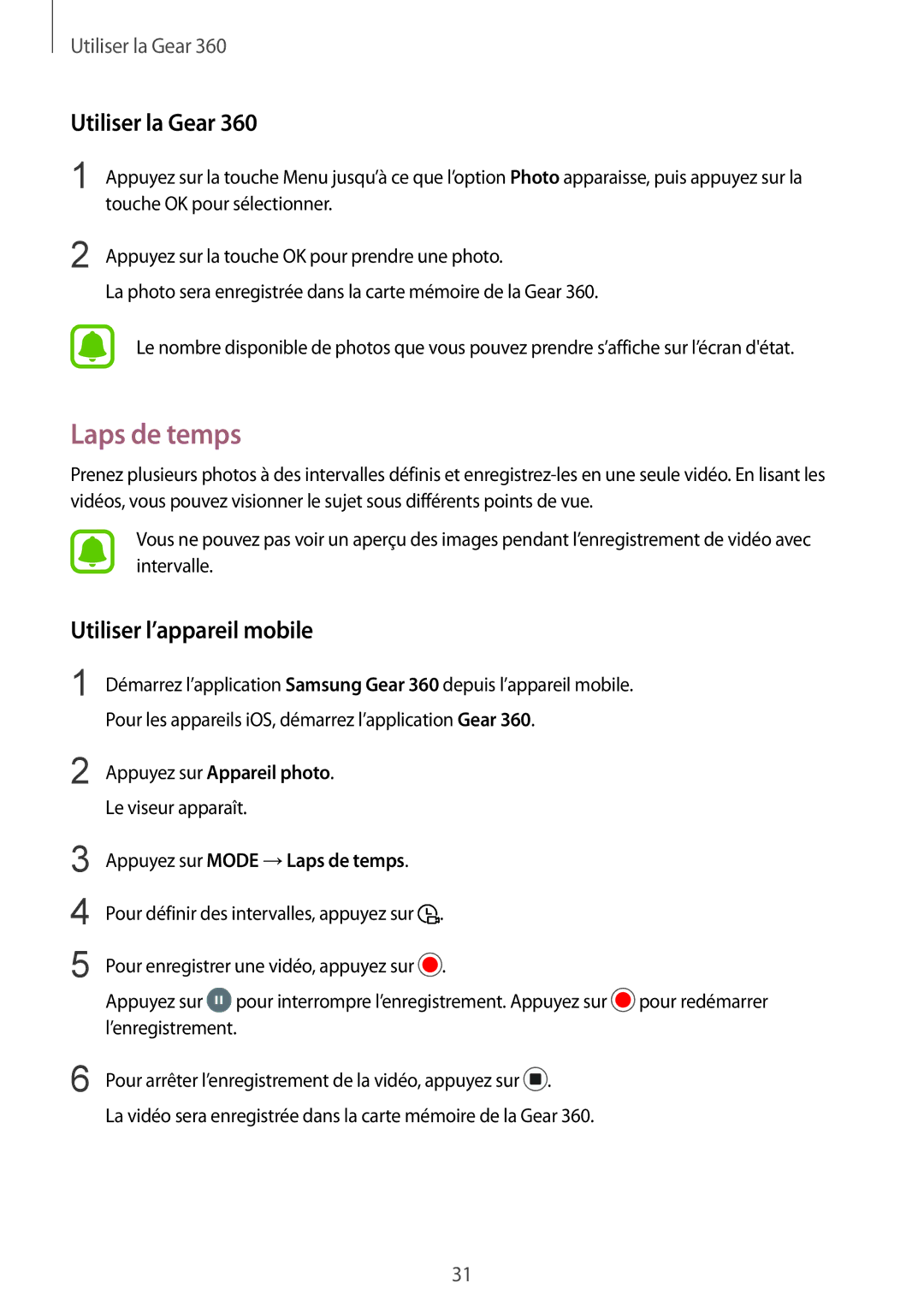 Samsung SM-R210NZWAXEF manual Appuyez sur Mode →Laps de temps 