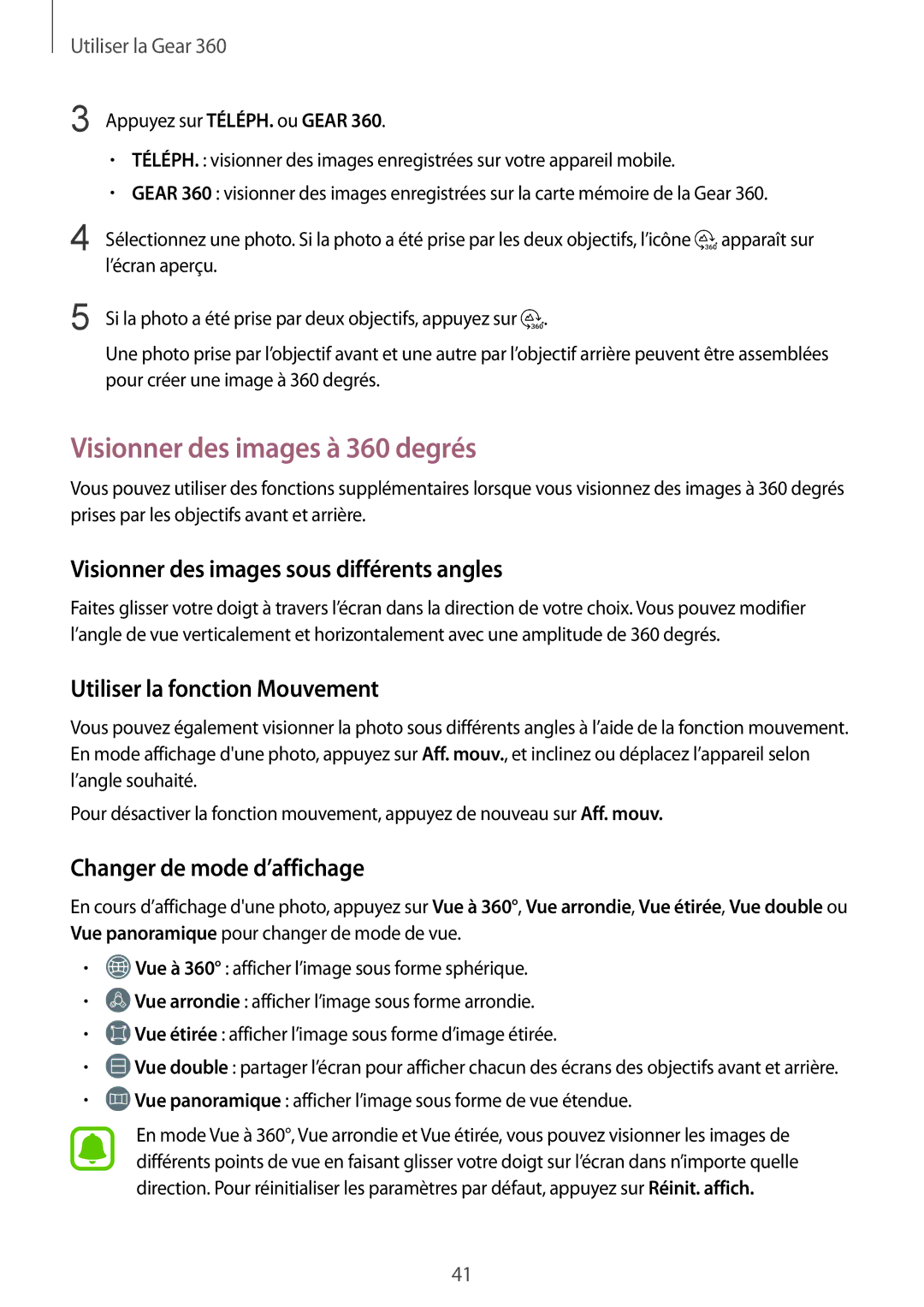 Samsung SM-R210NZWAXEF manual Visionner des images à 360 degrés, Visionner des images sous différents angles 