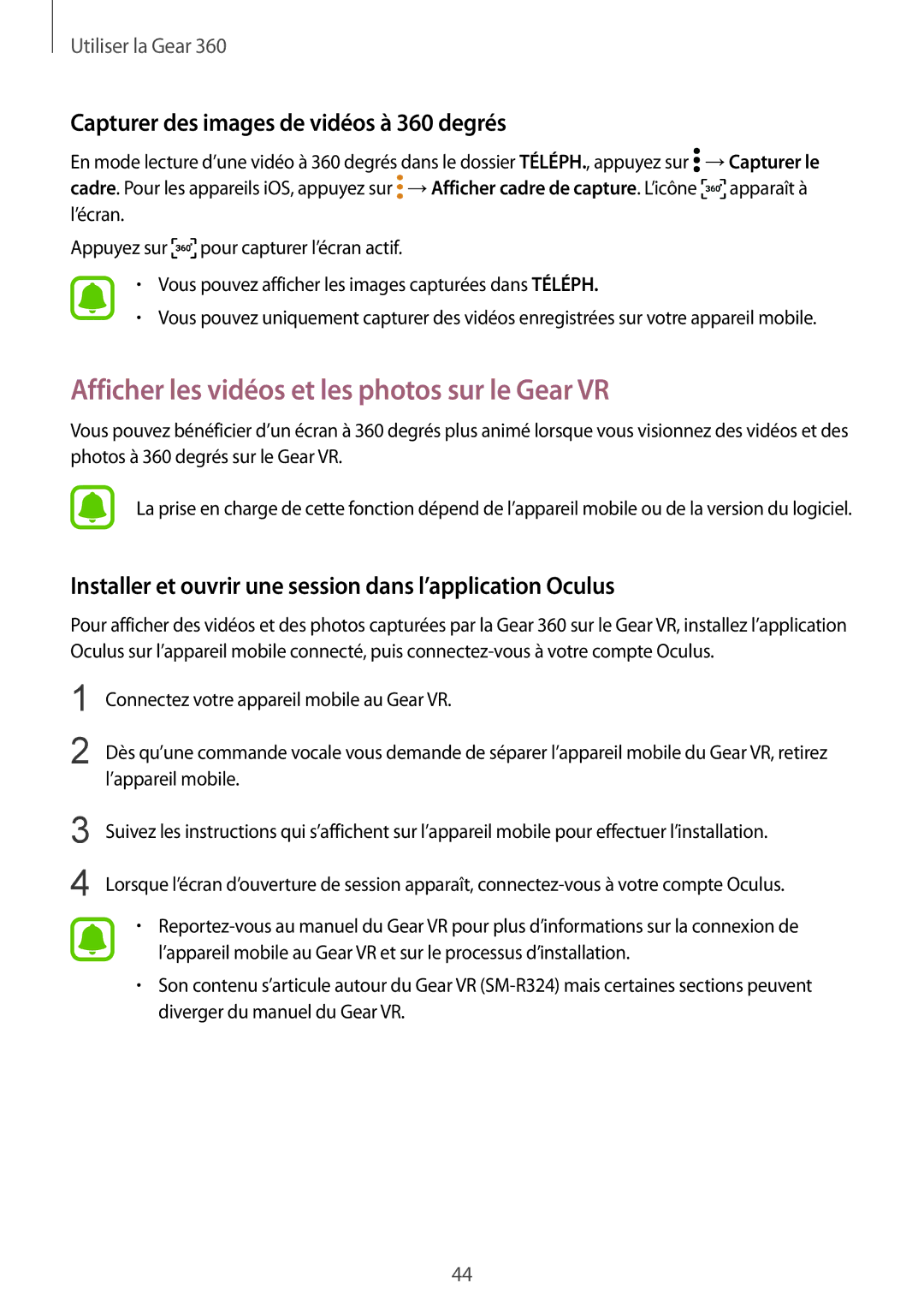 Samsung SM-R210NZWAXEF manual Afficher les vidéos et les photos sur le Gear VR, Capturer des images de vidéos à 360 degrés 