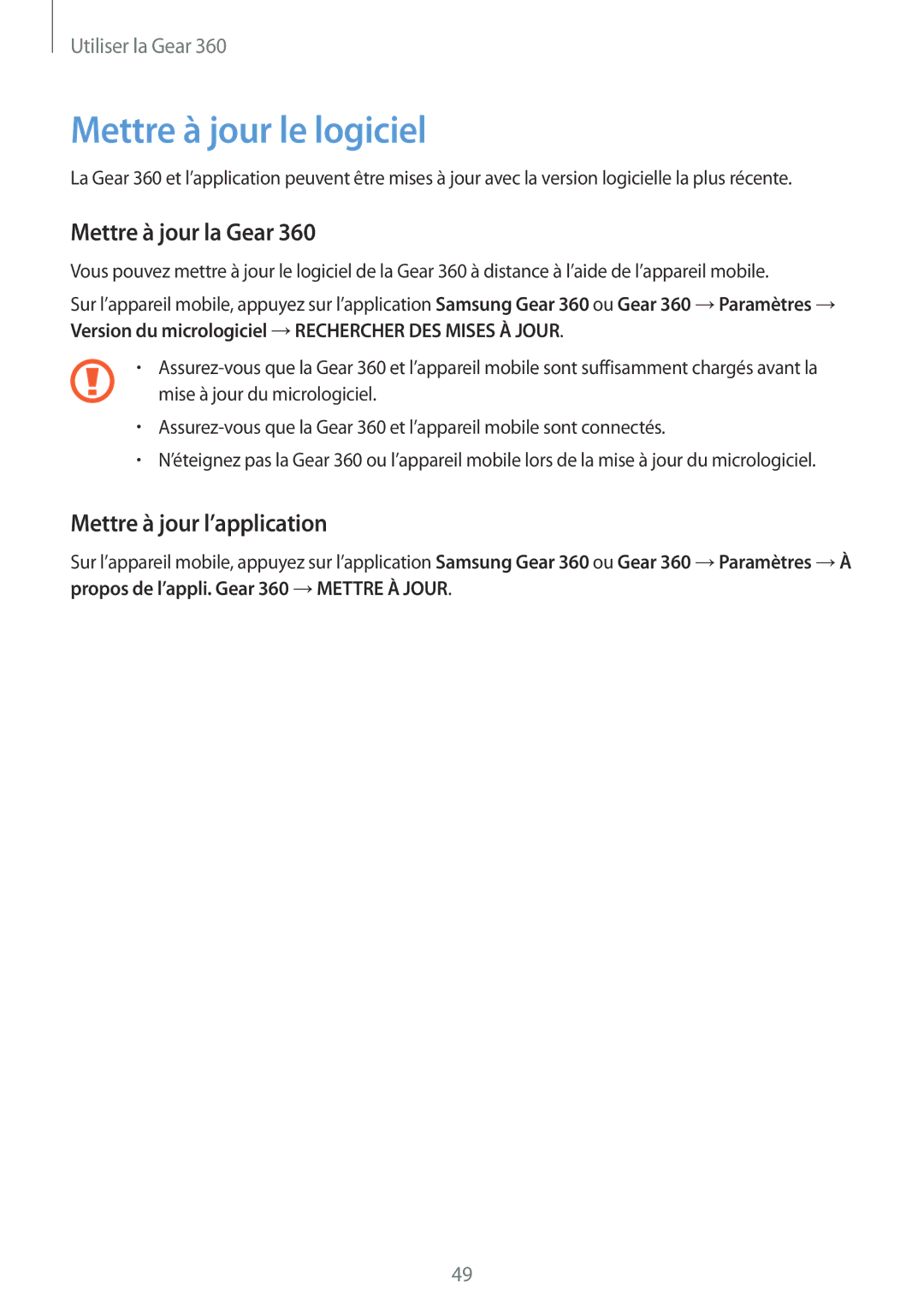 Samsung SM-R210NZWAXEF manual Mettre à jour le logiciel, Mettre à jour la Gear, Mettre à jour l’application 
