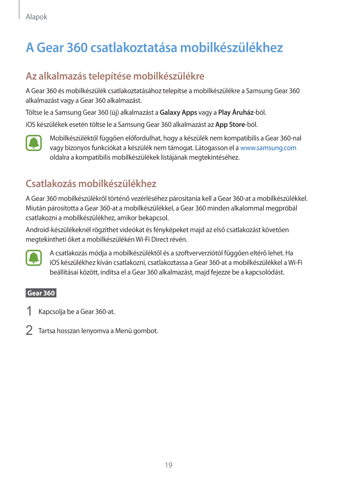 Samsung SM-R210NZWAXEH manual Gear 360 csatlakoztatása mobilkészülékhez, Az alkalmazás telepítése mobilkészülékre 