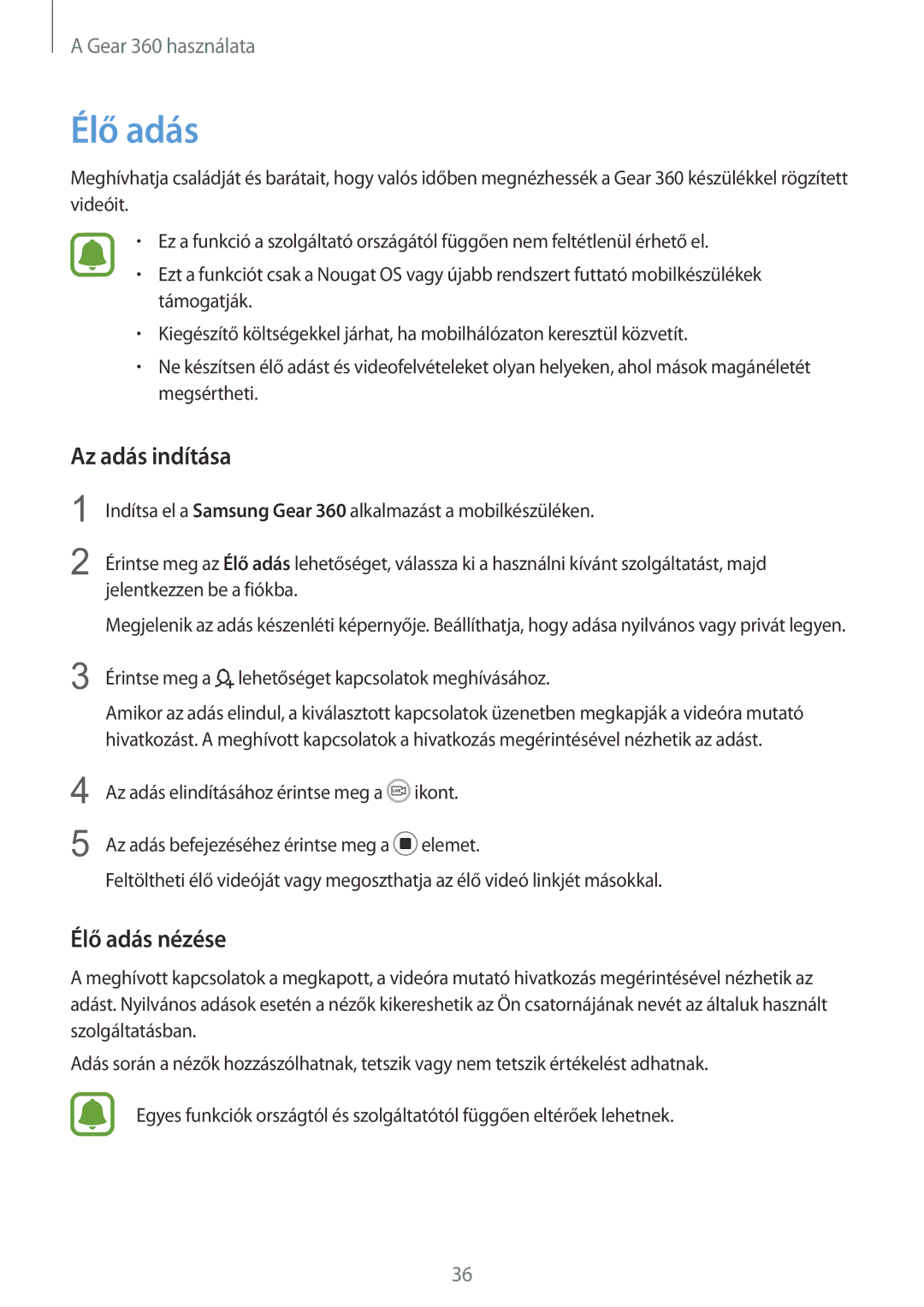 Samsung SM-R210NZWAXEH manual Az adás indítása, Élő adás nézése 