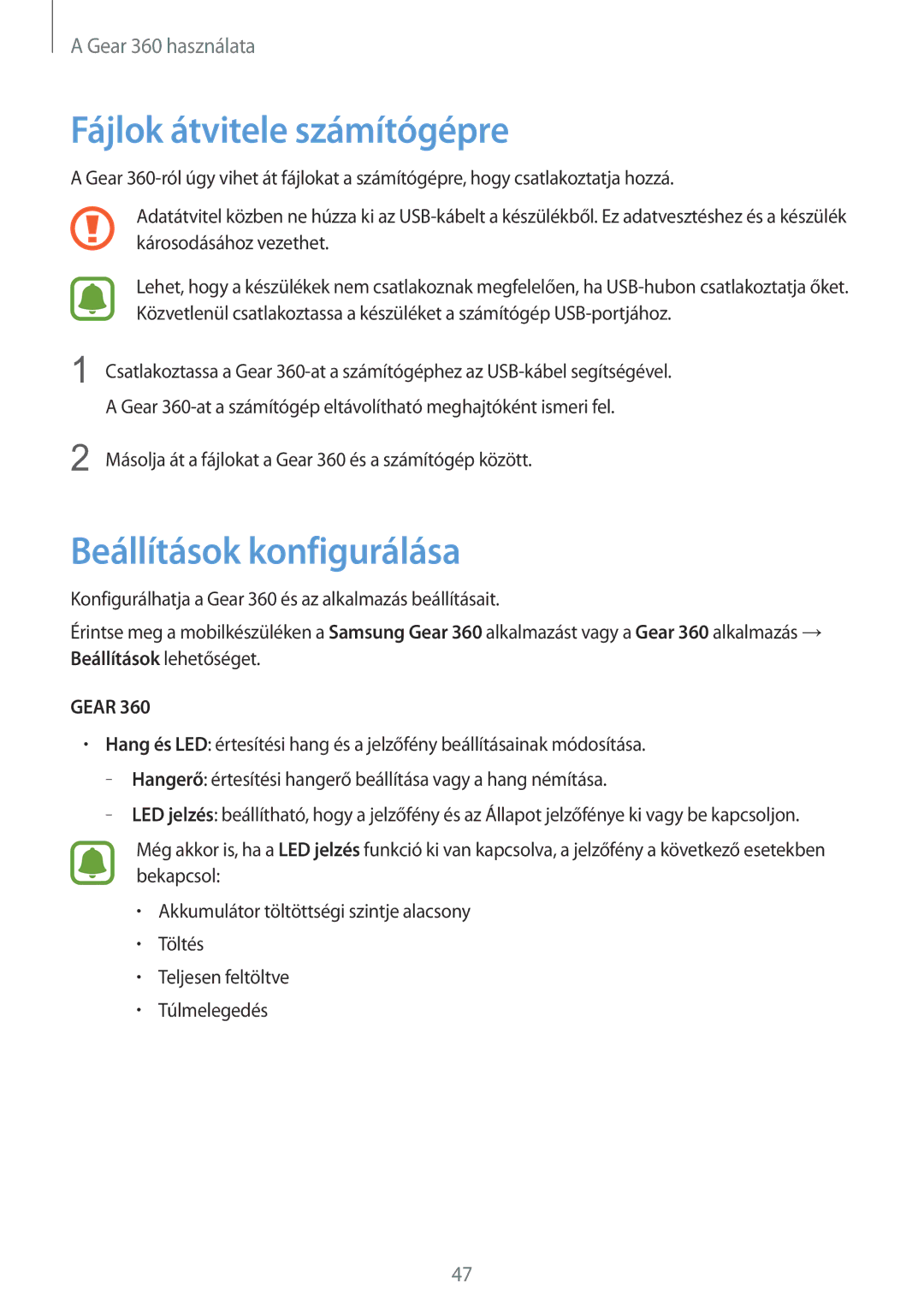 Samsung SM-R210NZWAXEH manual Fájlok átvitele számítógépre, Beállítások konfigurálása 