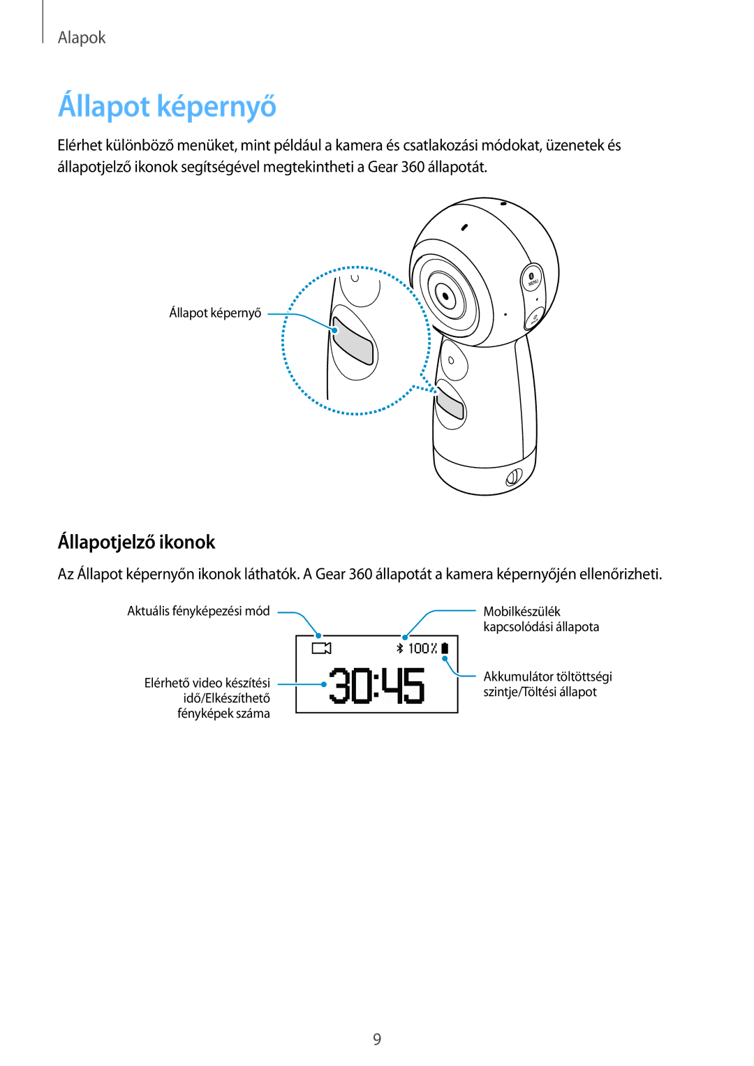 Samsung SM-R210NZWAXEH manual Állapot képernyő, Állapotjelző ikonok 