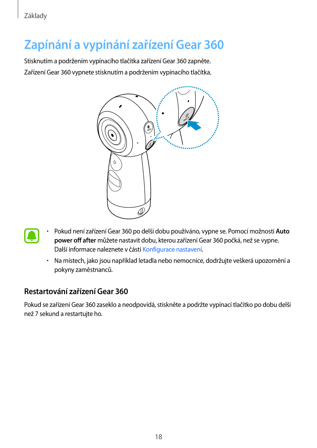 Samsung SM-R210NZWAXEZ manual Zapínání a vypínání zařízení Gear, Restartování zařízení Gear 