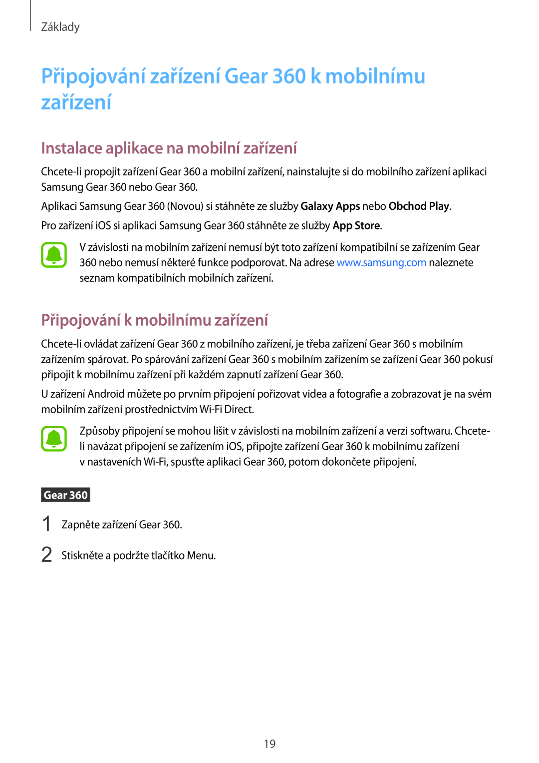 Samsung SM-R210NZWAXEZ manual Připojování zařízení Gear 360 k mobilnímu zařízení, Instalace aplikace na mobilní zařízení 