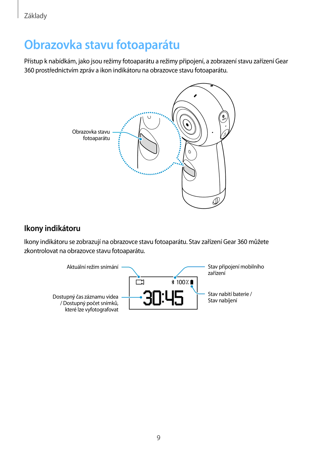 Samsung SM-R210NZWAXEZ manual Obrazovka stavu fotoaparátu, Ikony indikátoru 