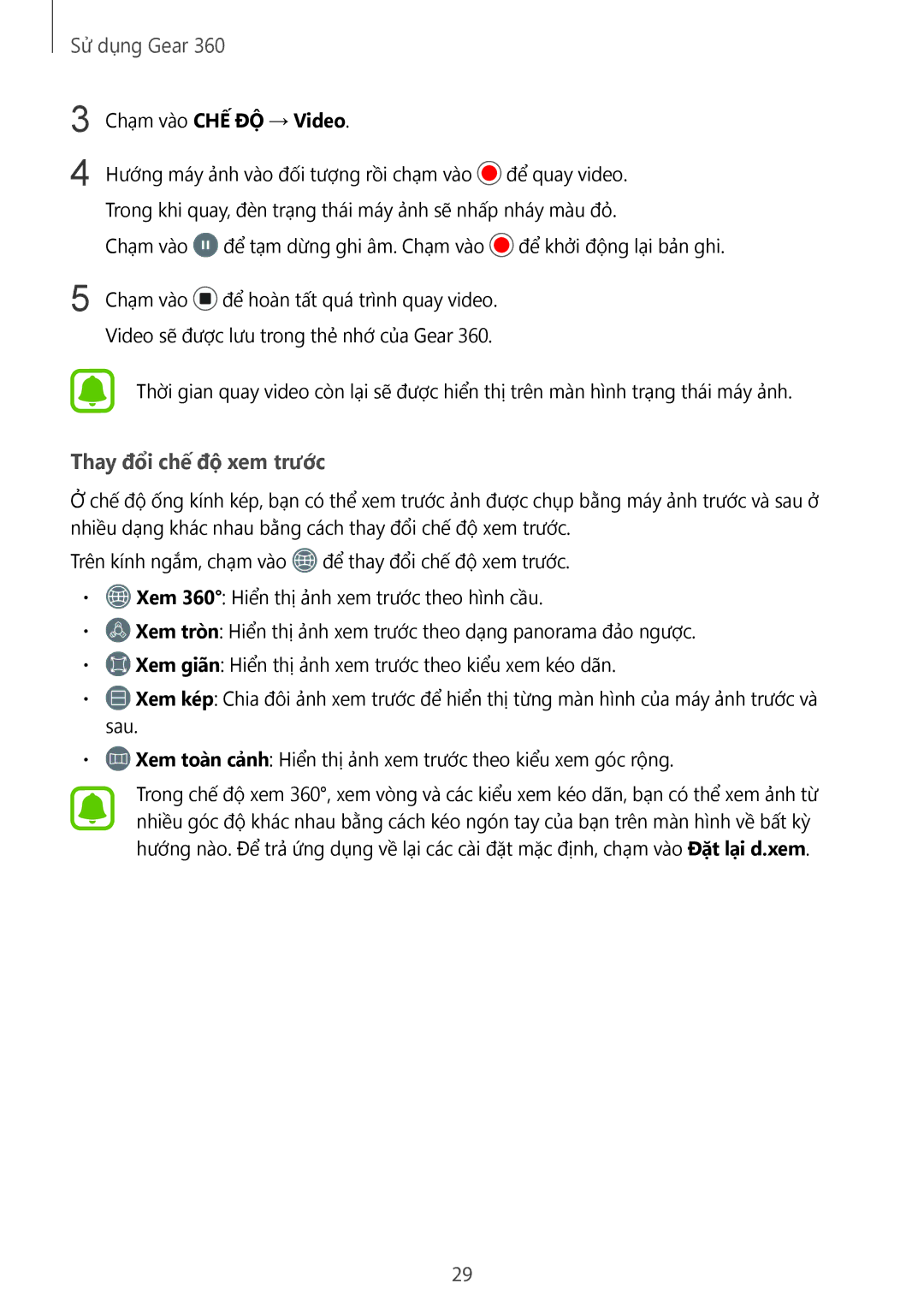 Samsung SM-R210NZWAXXV manual Thay đổi chế độ xem trước, Chạm vào CHẾ ĐỘ → Video 