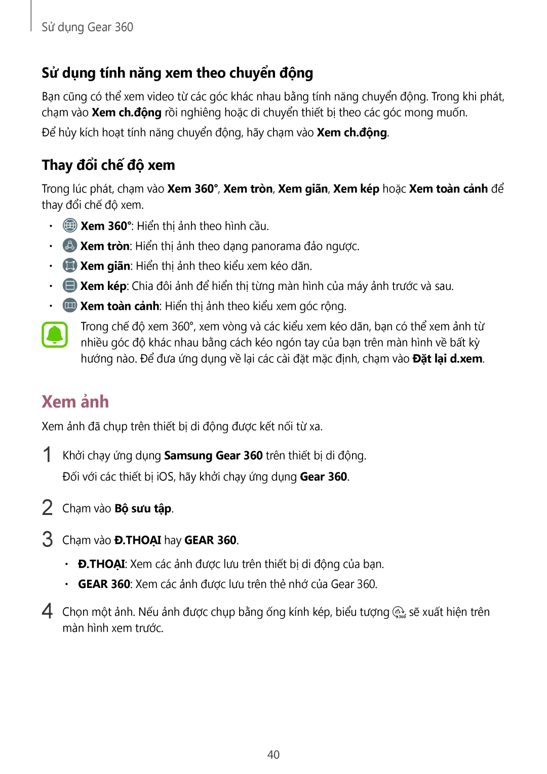 Samsung SM-R210NZWAXXV manual Xem ảnh, Sử dụng tính năng xem theo chuyển động, Thay đổi chế độ xem 