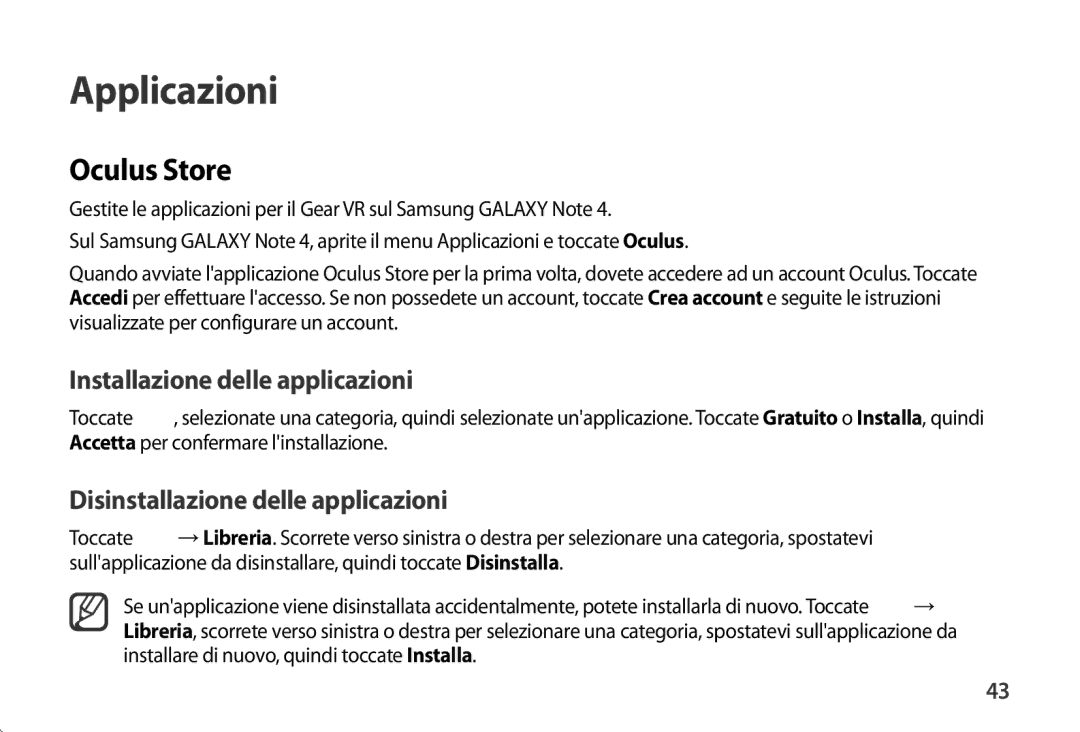 Samsung SM-R320NPWGITV, SM-R320NPWAITV manual Oculus Store, Disinstallazione delle applicazioni 