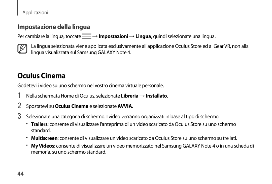 Samsung SM-R320NPWAITV, SM-R320NPWGITV manual Oculus Cinema, Impostazione della lingua 