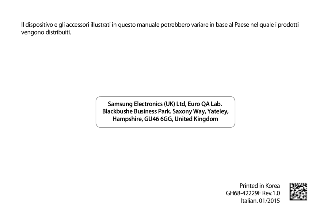 Samsung SM-R320NPWAITV, SM-R320NPWGITV manual GH68-42229F Rev.1.0 Italian /2015 