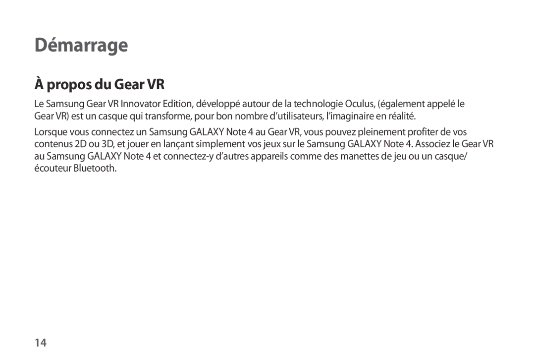 Samsung SM-R320NPWGXEF, SM-R320NPWAXEF, SM-R320NPWADBT manual Démarrage, Propos du Gear VR 