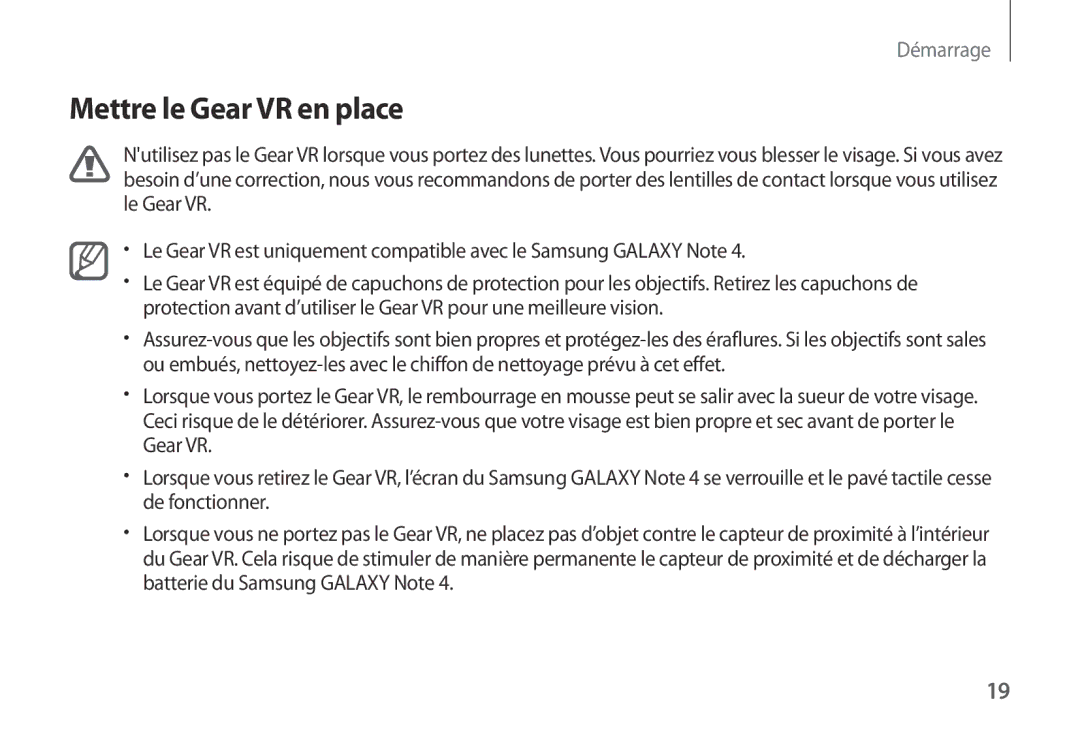 Samsung SM-R320NPWADBT, SM-R320NPWAXEF, SM-R320NPWGXEF manual Mettre le Gear VR en place 