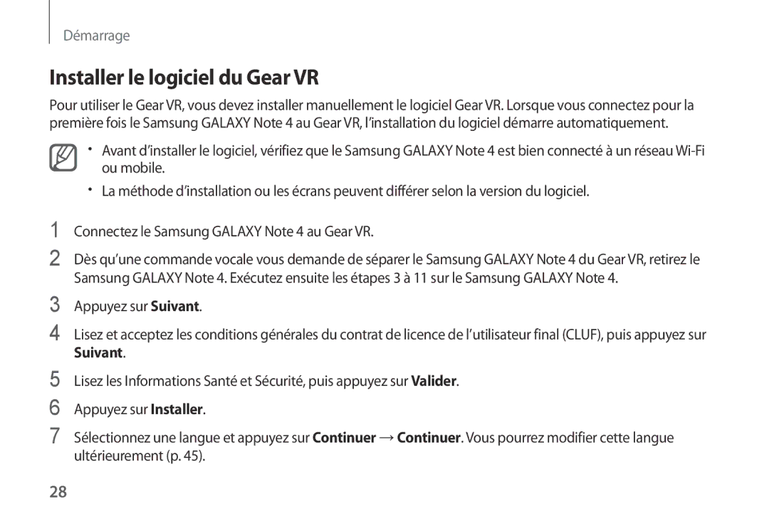 Samsung SM-R320NPWADBT, SM-R320NPWAXEF, SM-R320NPWGXEF manual Installer le logiciel du Gear VR, Appuyez sur Suivant 