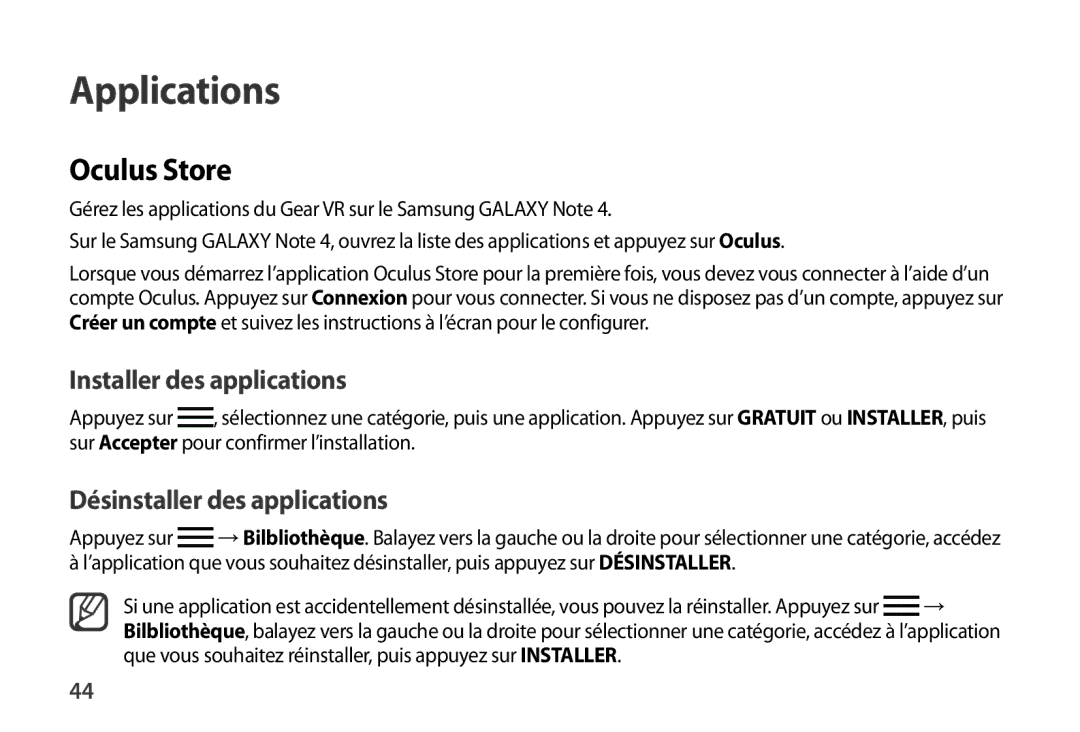 Samsung SM-R320NPWGXEF, SM-R320NPWAXEF, SM-R320NPWADBT manual Oculus Store, Désinstaller des applications 