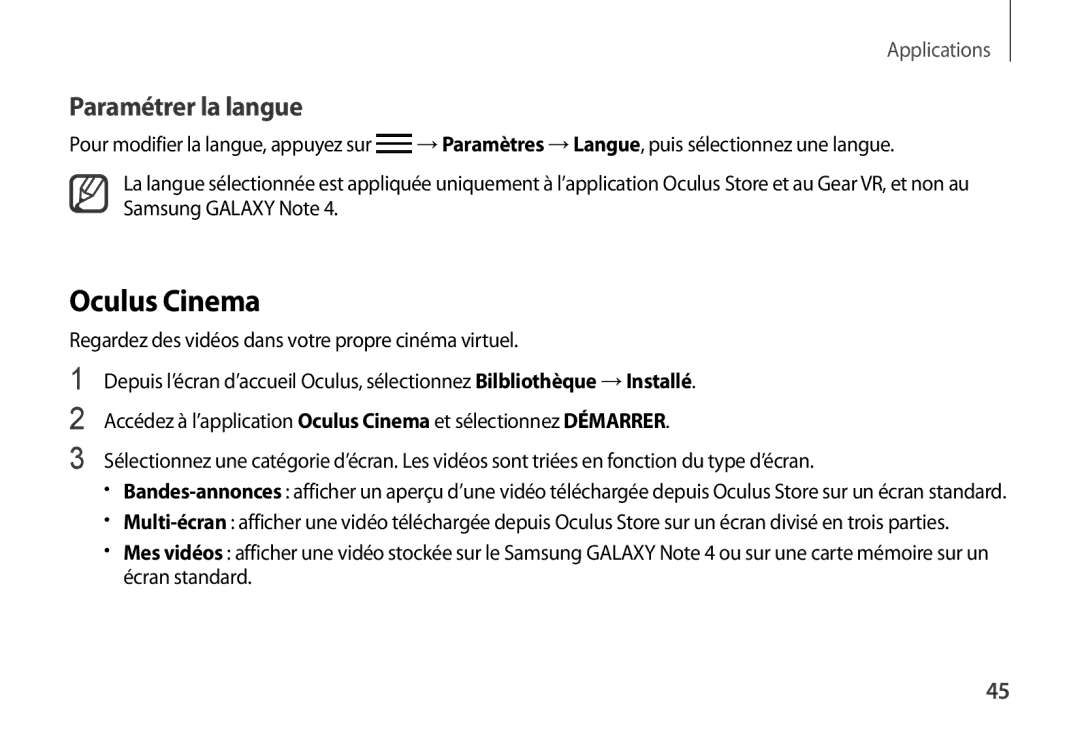 Samsung SM-R320NPWAXEF, SM-R320NPWADBT, SM-R320NPWGXEF manual Oculus Cinema, Paramétrer la langue 