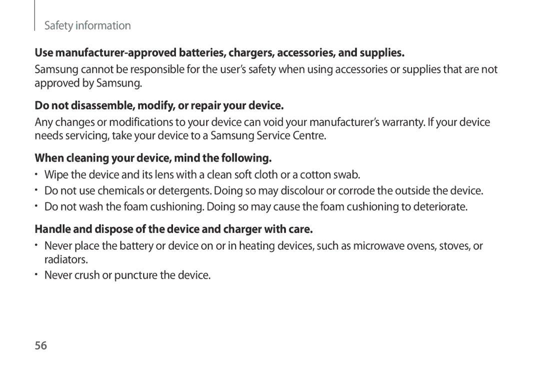 Samsung SM-R320NPWGNEE Do not disassemble, modify, or repair your device, When cleaning your device, mind the following 