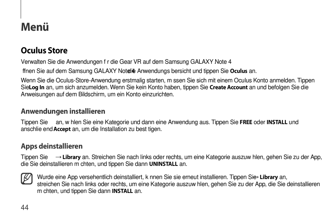 Samsung SM-R320NPWGDBT, SM-R320NPWAXEF, SM-R320NPWADBT manual Oculus Store, Apps deinstallieren 