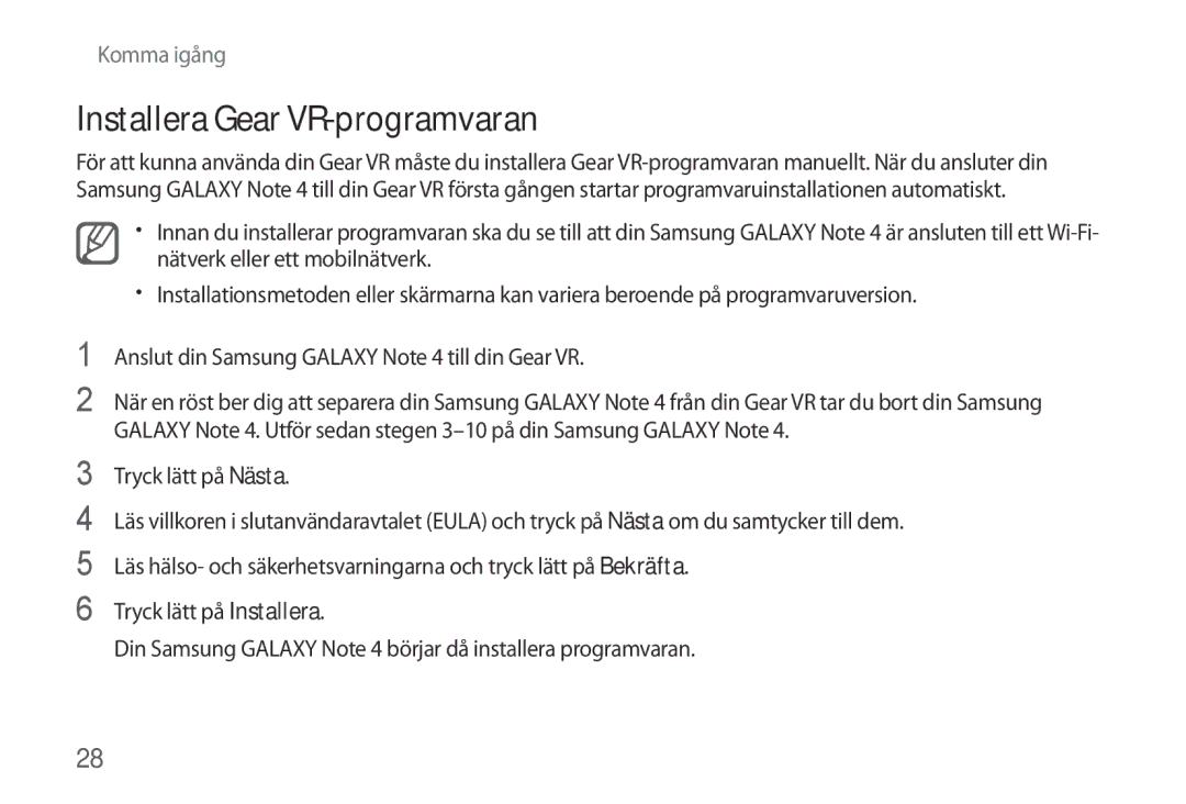 Samsung SM-R320NPWANEE, SM-R320NPWGNEE, SM-R320NZBANEE manual Installera Gear VR-programvaran, Tryck lätt på Nästa 