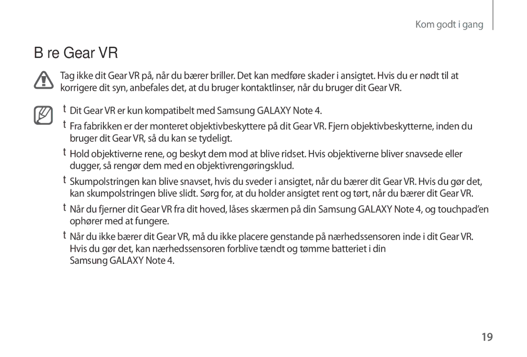 Samsung SM-R320NPWANEE, SM-R320NPWGNEE, SM-R320NZBANEE manual Bære Gear VR 