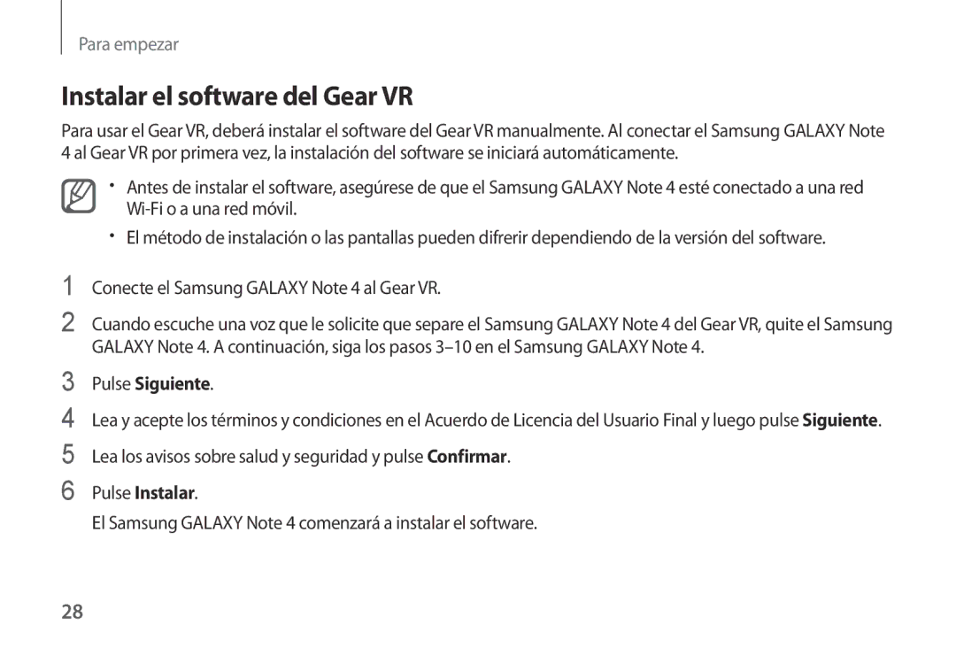 Samsung SM-R320NPWAPHE, SM-R320NPWGPHE manual Instalar el software del Gear VR, Pulse Siguiente 