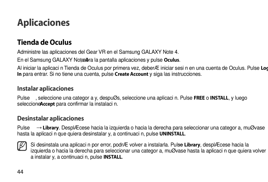 Samsung SM-R320NPWAPHE, SM-R320NPWGPHE manual Tienda de Oculus, Desinstalar aplicaciones 