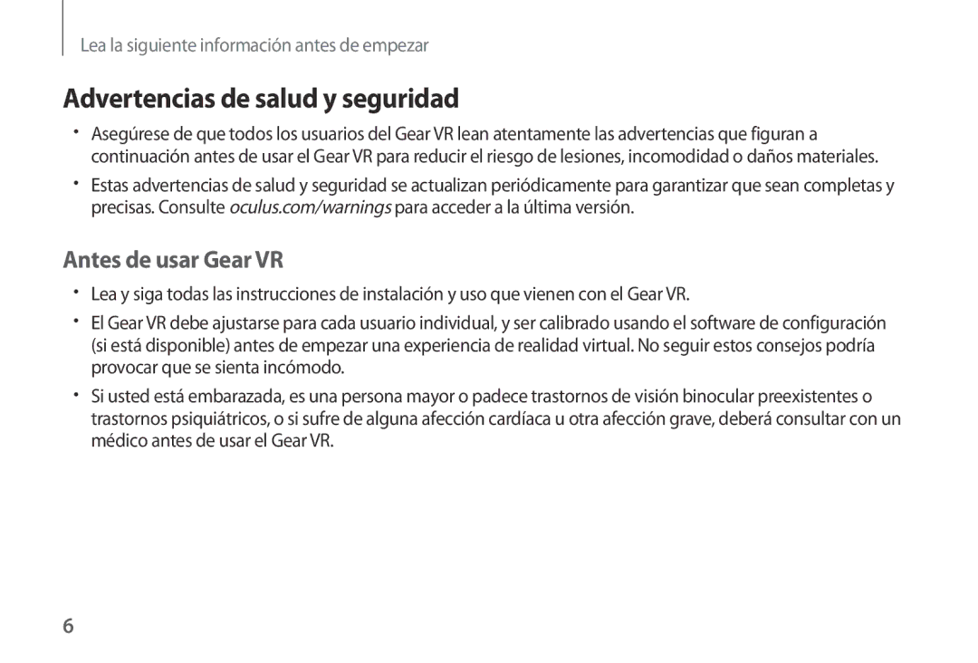 Samsung SM-R320NPWAPHE, SM-R320NPWGPHE manual Advertencias de salud y seguridad, Antes de usar Gear VR 