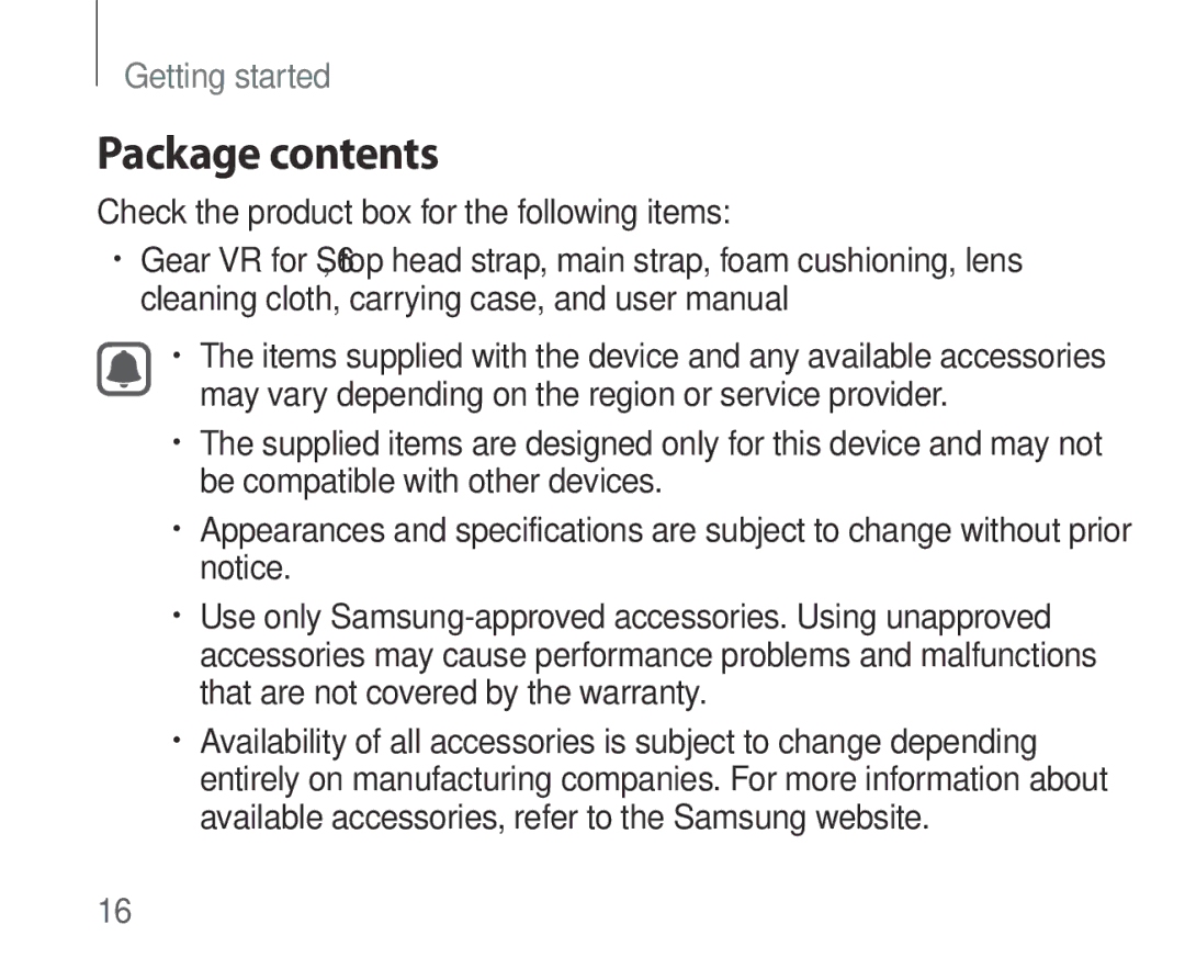 Samsung SM-R321NZWAXSK, SM-R321NZWADBT, SM-R321NZWAXEF, SM-R321NZWAITV, SM-R321NZWAPHE, SM-R321NZWAKSA manual Package contents 