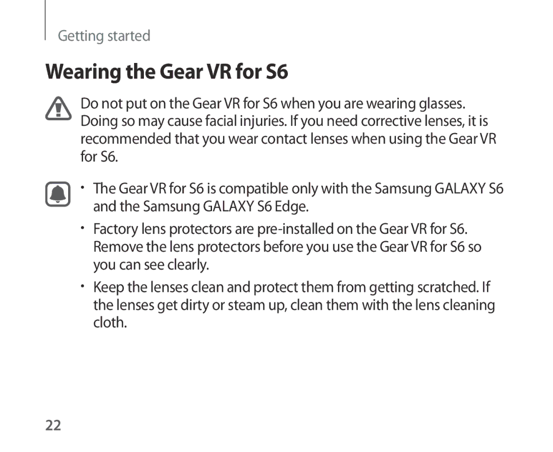 Samsung SM-R321NZWADBT, SM-R321NZWAXEF, SM-R321NZWAITV, SM-R321NZWAPHE, SM-R321NZWAKSA manual Wearing the Gear VR for S6 