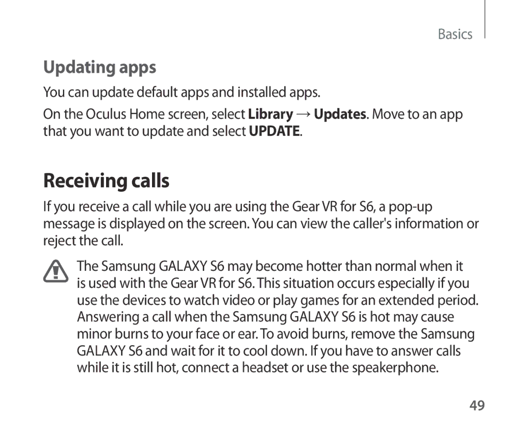 Samsung SM-R321NZWAXSK, SM-R321NZWADBT, SM-R321NZWAXEF, SM-R321NZWAITV, SM-R321NZWAPHE manual Receiving calls, Updating apps 