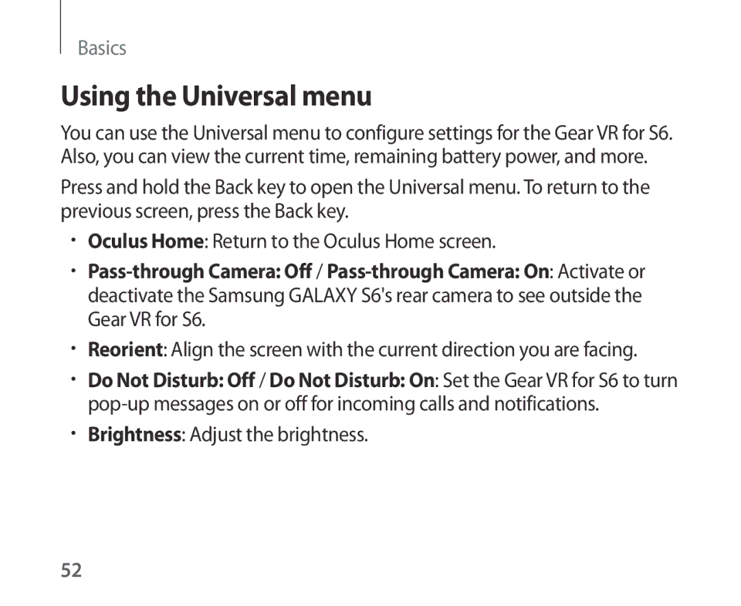 Samsung SM-R321NZWAEUR, SM-R321NZWADBT, SM-R321NZWAXEF, SM-R321NZWAITV, SM-R321NZWAPHE manual Using the Universal menu 