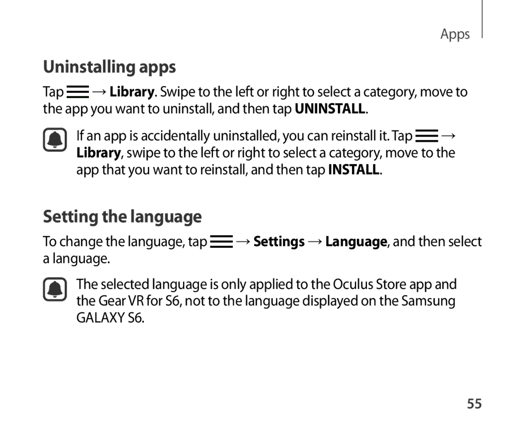 Samsung SM-R321NZWADBT, SM-R321NZWAXEF, SM-R321NZWAITV, SM-R321NZWAPHE manual Uninstalling apps, Setting the language 