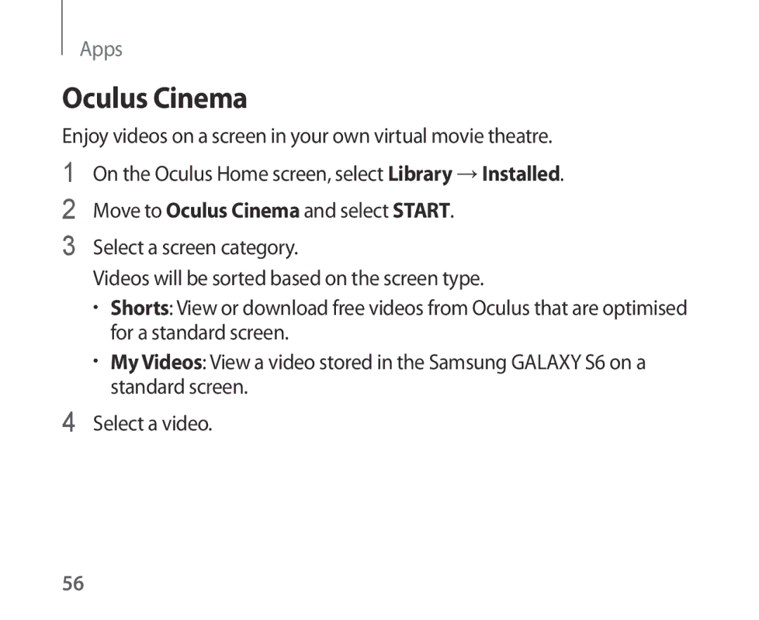 Samsung SM-R321NZWAXEF, SM-R321NZWADBT, SM-R321NZWAITV, SM-R321NZWAPHE, SM-R321NZWAKSA, SM-R321NZWAXSK manual Oculus Cinema 