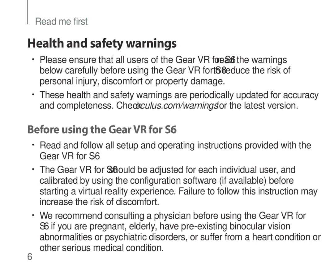 Samsung SM-R321NZWAXEZ, SM-R321NZWADBT, SM-R321NZWAXEF manual Health and safety warnings, Before using the Gear VR for S6 