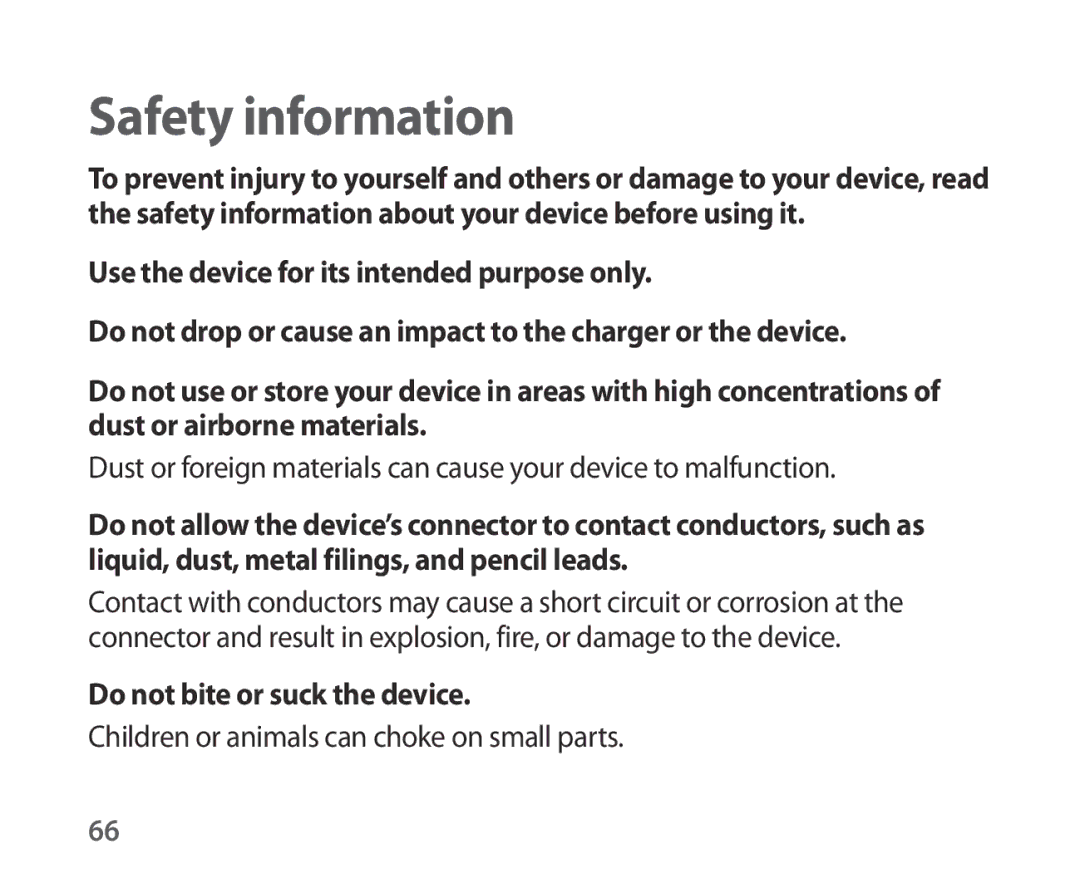 Samsung SM-R321NZWADBT, SM-R321NZWAXEF, SM-R321NZWAITV, SM-R321NZWAPHE Safety information, Do not bite or suck the device 