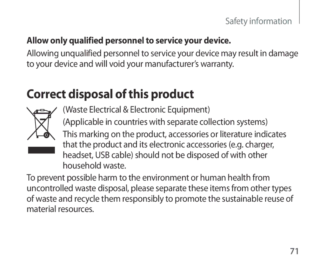 Samsung SM-R321NZWAXSK manual Correct disposal of this product, Allow only qualified personnel to service your device 