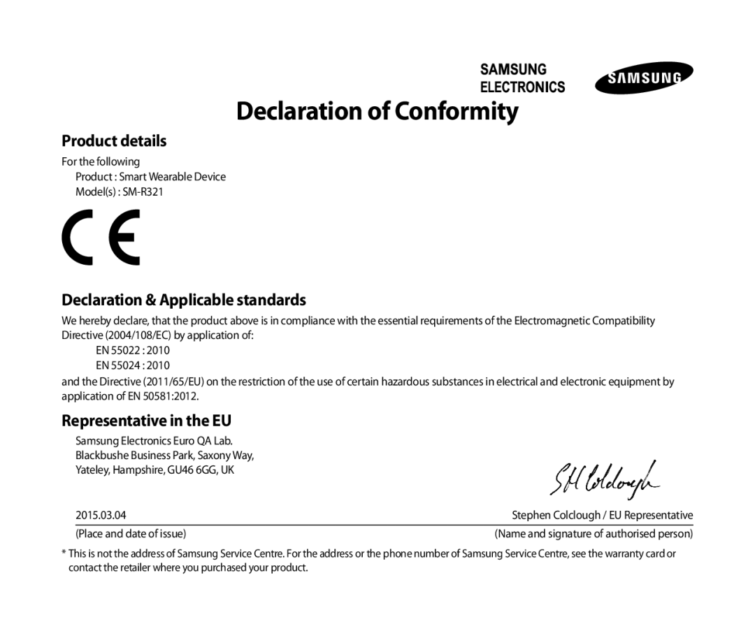 Samsung SM-R321NZWAEUR, SM-R321NZWADBT, SM-R321NZWAXEF, SM-R321NZWAITV, SM-R321NZWAPHE manual Declaration of Conformity 