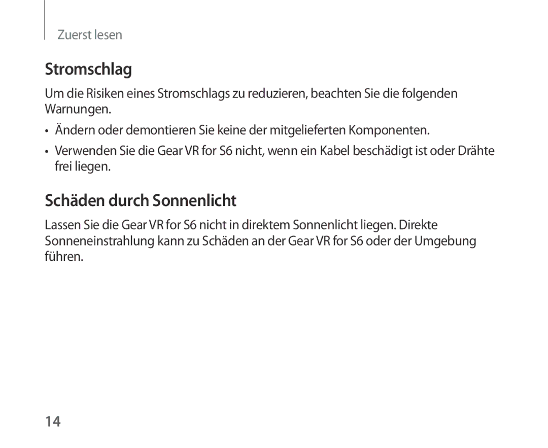 Samsung SM-R321NZWADBT manual Stromschlag, Schäden durch Sonnenlicht 